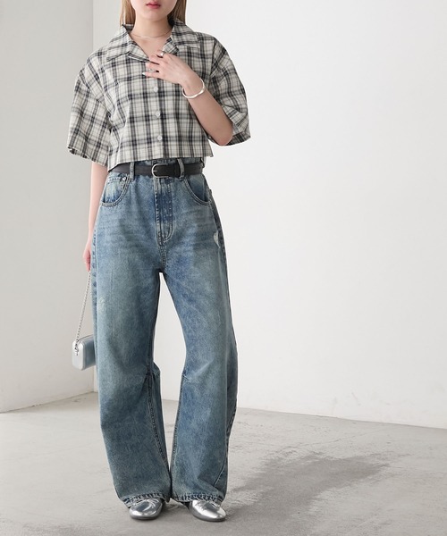 forksy.】マドラスチェック オープンカラー ショート丈シャツ forksy