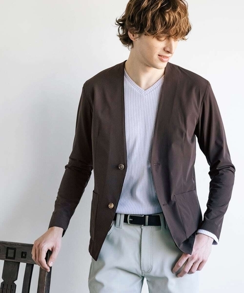 MK MICHEL KLEIN HOMME (エムケーミッシェルクランオム)の「【セットアップ対応】ノーカラーカーディガンジャケット/ニュートラルストレッチ(カーディガン/ボレロ・メンズ・ブラック/ライトブラウン・48/51/46)」の1枚目の写真