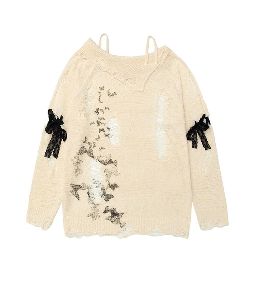 HOOK(フック)の「【HOOK】for girls ダメージデザインスプラッシュプリントニットトップス (SS)(ニット/セーター・レディース・ベージュ・SMALL/MEDIUM)」の2枚目の写真