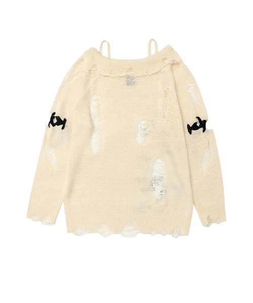 HOOK(フック)の「【HOOK】for girls ダメージデザインスプラッシュプリントニットトップス (SS)(ニット/セーター・レディース・ベージュ・SMALL/MEDIUM)」の3枚目の写真