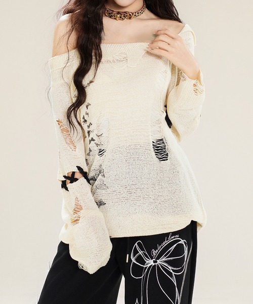 HOOK(フック)の「【HOOK】for girls ダメージデザインスプラッシュプリントニットトップス (SS)(ニット/セーター・レディース・ベージュ・SMALL/MEDIUM)」の14枚目の写真