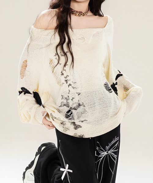 HOOK(フック)の「【HOOK】for girls ダメージデザインスプラッシュプリントニットトップス (SS)(ニット/セーター・レディース・ベージュ・SMALL/MEDIUM)」の15枚目の写真