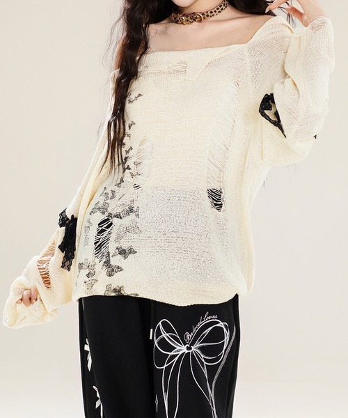 HOOK(フック)の「【HOOK】for girls ダメージデザインスプラッシュプリントニットトップス (SS)(ニット/セーター・レディース・ベージュ・SMALL/MEDIUM)」の16枚目の写真