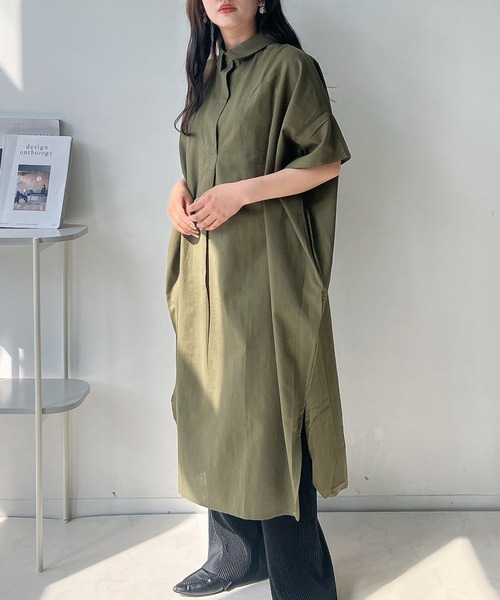 セール】○ボタン付きスキッパーデザイン5分袖ワンピース