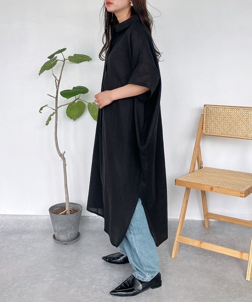 【人気商品！】 セール】○ボタン付きスキッパーデザイン5分袖ワンピース フラダンス
