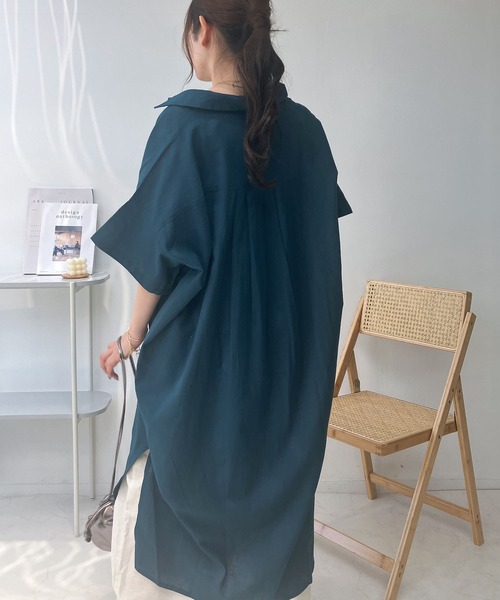 セール】○ボタン付きスキッパーデザイン5分袖ワンピース