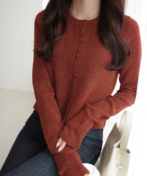 mily bilet(ミウィビレット)の「【mily bilet】季節の変わり目に便利♪アイレット柄くるみボタンニットカーディガン(カーディガン/ボレロ・レディース・チャコールグレー/アイボリー/ネイビー/レッド・MEDIUM/LARGE/X-LARGE/SMALL)」の17枚目の写真