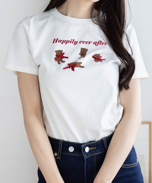 clear（クリア）の「クマプリントリボン付きTシャツ[バレエコア ガーリー]（Tシャツ/カットソー・レディース・ピンク/ブラック/オフホワイト・F）」の2枚目の写真