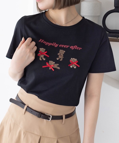 セール】クマプリントリボン付きTシャツ[バレエコア ガーリー