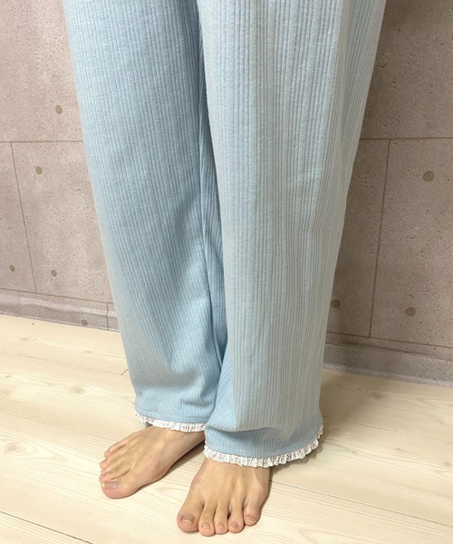 パジャマ 寝巻 ルームウェア バイカラー カーディガン パンツ レースパイピングカーディガン＆カップ付きキャミソール＆パンツ
