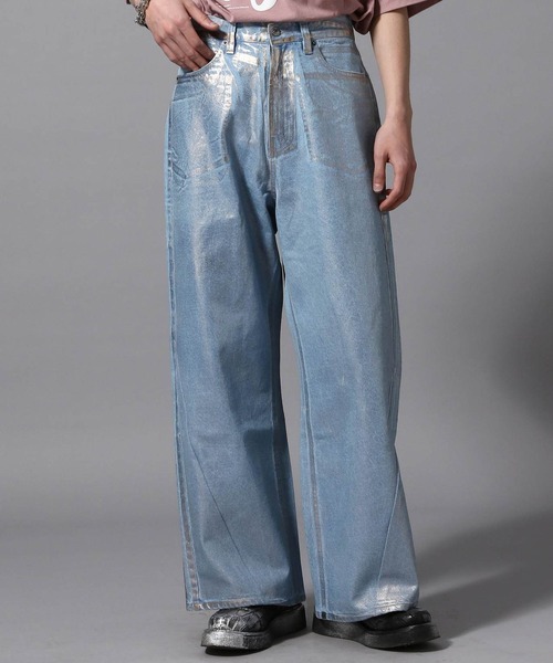 ajouter flow(アジューテフロー)の「【ajouter flow】slash wide denim pants(デニムパンツ・メンズ・ブラック/ライトブルー・M/L)」の2枚目の写真