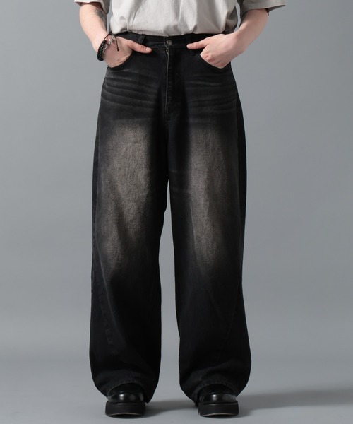 ajouter flow(アジューテフロー)の「【ajouter flow】slash wide denim pants(デニムパンツ・メンズ・ブラック/ライトブルー・M/L)」の1枚目の写真