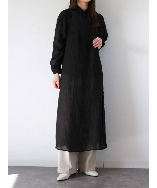 Reurie'(レウリィ)の「リンクルシアーキャミワンピース/wrinkle sheer cami onepiece チャコール ブラック ロング丈 大人きれいめ レイヤードスタイル(ワンピース・レディース・ブラック/チャコールグレー・FREE)」の15枚目の写真