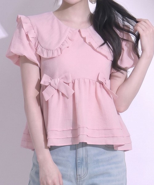 DearMyLoveRose(ディアマイラブローズ)の「ビッグカラーリボンペプラムブラウス【大きいサイズ有り】(シャツ/ブラウス・レディース・ベビーピンク/ブラック/ホワイト・3L/LL/LARGE/MEDIUM)」の3枚目の写真