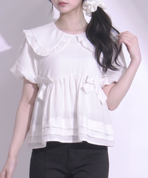 DearMyLoveRose(ディアマイラブローズ)の「ビッグカラーリボンペプラムブラウス【大きいサイズ有り】(シャツ/ブラウス・レディース・ベビーピンク/ブラック/ホワイト・3L/LL/LARGE/MEDIUM)」の1枚目の写真