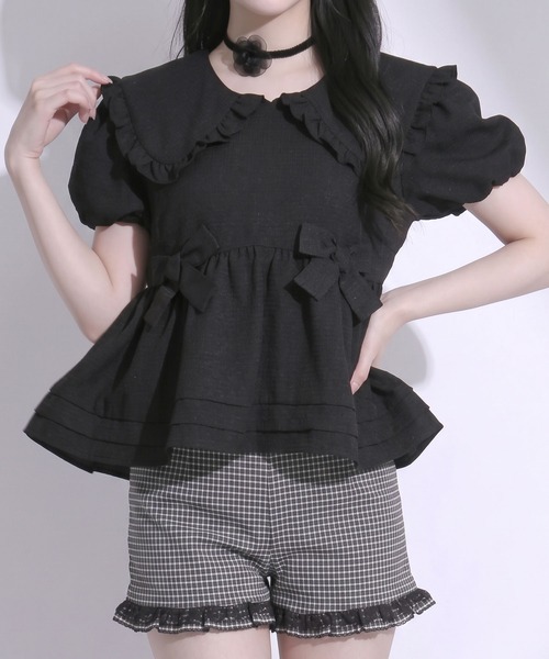 DearMyLoveRose(ディアマイラブローズ)の「ビッグカラーリボンペプラムブラウス【大きいサイズ有り】(シャツ/ブラウス・レディース・ベビーピンク/ブラック/ホワイト・3L/LL/LARGE/MEDIUM)」の2枚目の写真
