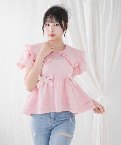 DearMyLoveRose(ディアマイラブローズ)の「ビッグカラーリボンペプラムブラウス【大きいサイズ有り】(シャツ/ブラウス・レディース・ベビーピンク/ブラック/ホワイト・3L/LL/LARGE/MEDIUM)」の10枚目の写真