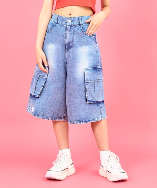 ANAP GiRL(アナップガール)の「ANAPR+S カーゴデニムハーフパンツ【ユニセックス】(デニムパンツ・キッズ・ブルー/ライトブルー・M/S/XS)」の1枚目の写真