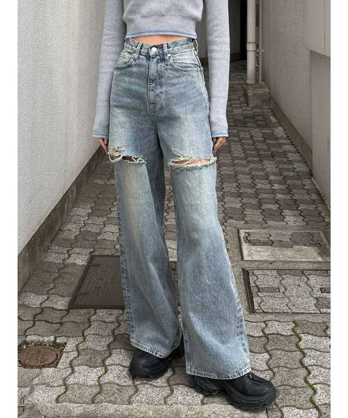 EMODA（エモダ）の「ダブルハイクラッシュジーンズ（デニムパンツ・レディース・ライトブルー/ブラック・SMALL/MEDIUM）」の3枚目の写真