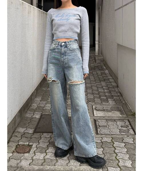 EMODA（エモダ）の「ダブルハイクラッシュジーンズ（デニムパンツ・レディース・ライトブルー/ブラック・SMALL/MEDIUM）」の4枚目の写真