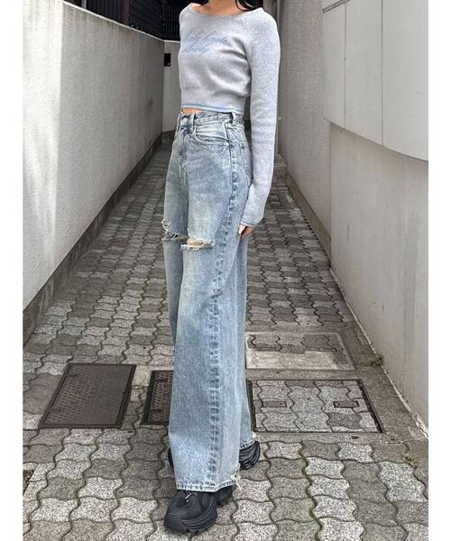 EMODA（エモダ）の「ダブルハイクラッシュジーンズ（デニムパンツ・レディース・ライトブルー/ブラック・SMALL/MEDIUM）」の6枚目の写真