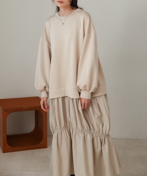 Bab(バブ)の「【Sサイズあり】異素材ドッキングギャザーワンピース(ワンピース・レディース・チャコールグレー/アイボリー/ベージュ・MEDIUM/SMALL)」の1枚目の写真