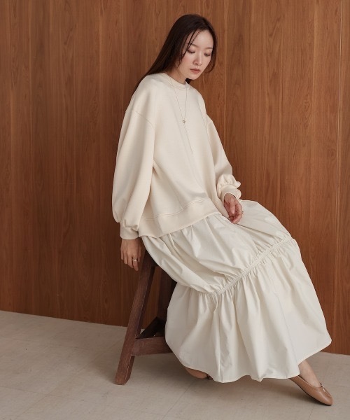 Bab(バブ)の「【Sサイズあり】異素材ドッキングギャザーワンピース(ワンピース・レディース・チャコールグレー/アイボリー/ベージュ・MEDIUM/SMALL)」の12枚目の写真