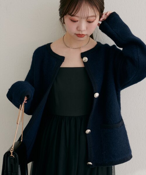 ノーカラーニットジャケット　NAVY quaranciel ジャケット ノーカラージャケット quaranciel:「手洗い可能