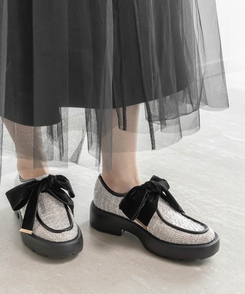 ローファー ベロアリボンボリュームソールシューズ レディース randa