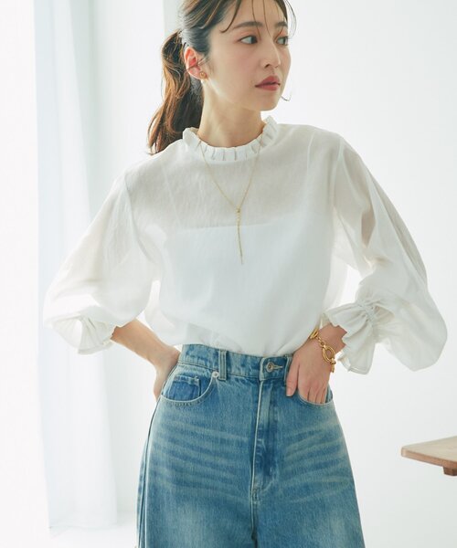 La boutique BonBon(ラブティックボンボン)の「【お上品映え】キャンディスリーブセミシアーブラウス(シャツ/ブラウス・レディース・ホワイト/ピンク・FREE)」の3枚目の写真