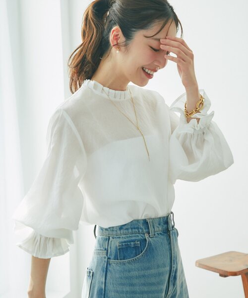 La boutique BonBon(ラブティックボンボン)の「【お上品映え】キャンディスリーブセミシアーブラウス(シャツ/ブラウス・レディース・ホワイト/ピンク・FREE)」の5枚目の写真