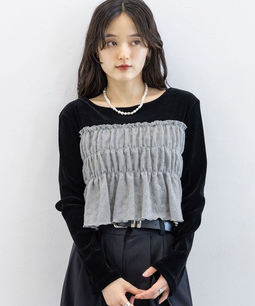 RAGEBLUE（レイジブルー）の「レースビスチェドッキングベロアプルオーバー（Tシャツ/カットソー・レディース・ホワイト×ブラック/ブラック×グレー・FREE）」の2枚目の写真