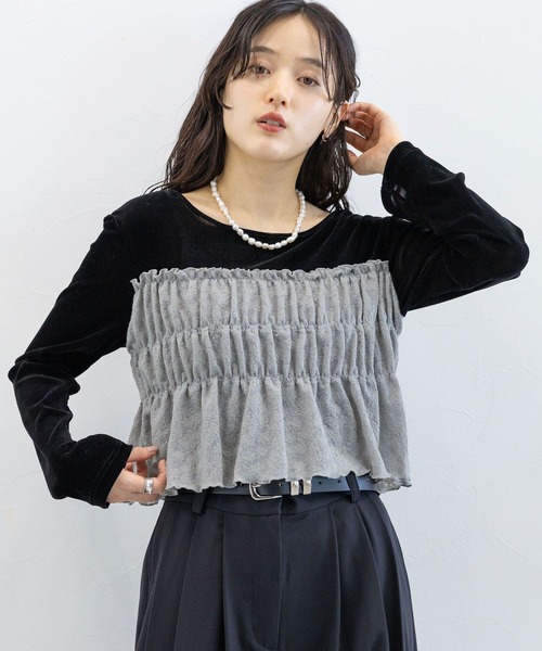 RAGEBLUE（レイジブルー）の「レースビスチェドッキングベロアプルオーバー（Tシャツ/カットソー・レディース・ホワイト×ブラック/ブラック×グレー・FREE）」の9枚目の写真