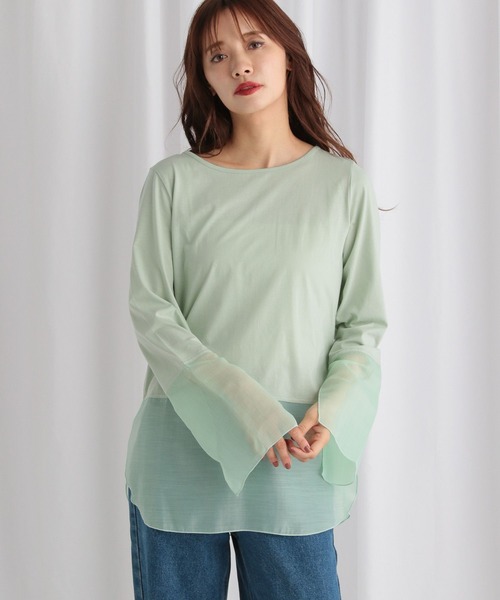 mysty woman（ミスティウーマン）の「シアーキリカエロンT 594039（Tシャツ/カットソー・レディース・ブラック/ホワイト/ライトグリーン・FREE）」の3枚目の写真