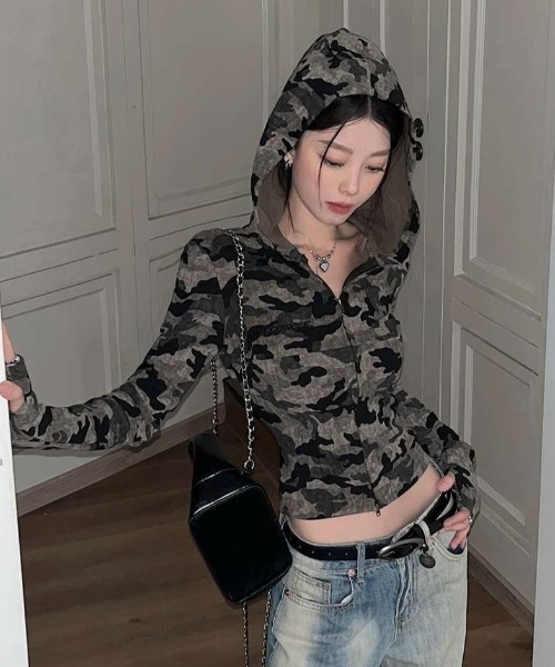 短丈迷彩ジップパーカー 迷彩ジップパーカー アクティブジャケット 短