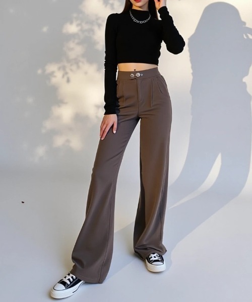 cammie(キャミー)の「ウエストボタンデザインタックパンツ(スラックス・レディース・ブラック/ブラウン・L/M)」の10枚目の写真