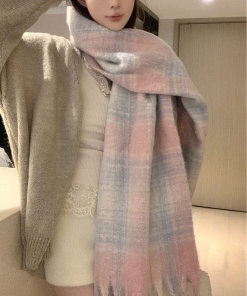 チェック柄 ベージュ系 マフラー セール】チェック柄 モヘアライク マフラー（マフラー