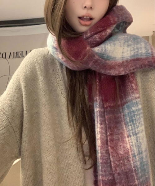 セール】チェック柄 モヘアライク マフラー（マフラー