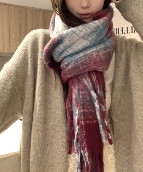 beautiful people モヘアマフラー グレー・青・白チェック beautiful people モヘアマフラー グレー・青・白チェック