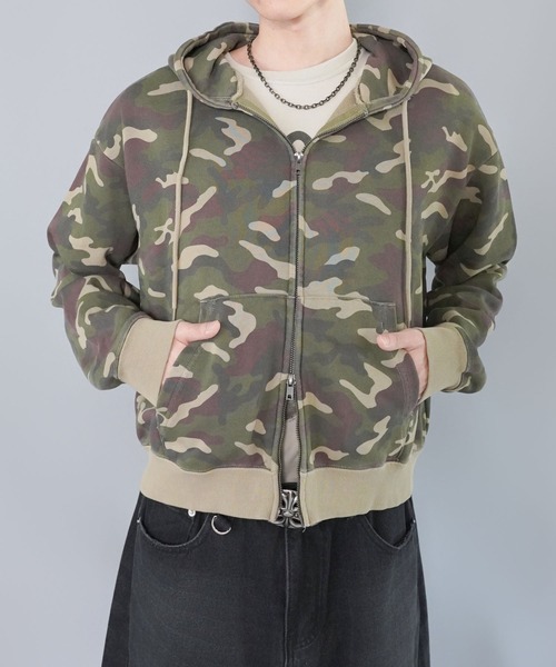 セール】短丈ダブルジップパーカー/プレーン/無地/カモフラージュ