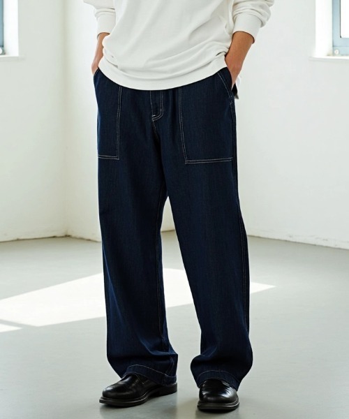 Lazar（ラザル）の「Denim Baker Pants/ワイドシルエット デニム ベイカーパンツ/イージーパンツ（デニムパンツ・メンズ・ブラック/インディゴブルー/キナリ・マルチサイズ）」の3枚目の写真