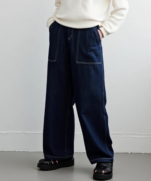 Lazar（ラザル）の「Denim Baker Pants/ワイドシルエット デニム ベイカーパンツ/イージーパンツ（デニムパンツ・メンズ・ブラック/インディゴブルー/キナリ・マルチサイズ）」の11枚目の写真