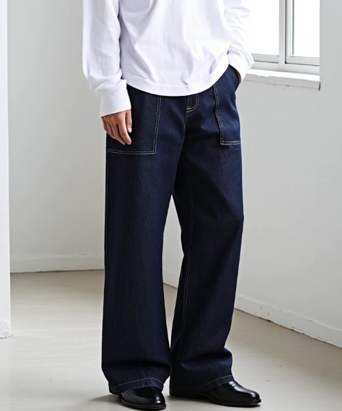 Lazar（ラザル）の「Denim Baker Pants/ワイドシルエット デニム ベイカーパンツ/イージーパンツ（デニムパンツ・メンズ・ブラック/インディゴブルー/キナリ・マルチサイズ）」の10枚目の写真