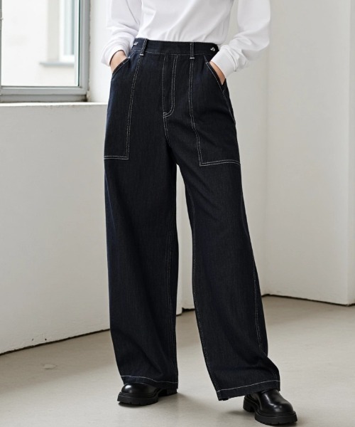 Lazar（ラザル）の「Denim Baker Pants/ワイドシルエット デニム ベイカーパンツ/イージーパンツ（デニムパンツ・メンズ・ブラック/インディゴブルー/キナリ・マルチサイズ）」の9枚目の写真