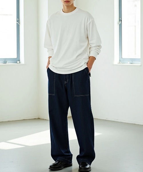 Lazar（ラザル）の「Denim Baker Pants/ワイドシルエット デニム ベイカーパンツ/イージーパンツ（デニムパンツ・メンズ・ブラック/インディゴブルー/キナリ・マルチサイズ）」の16枚目の写真