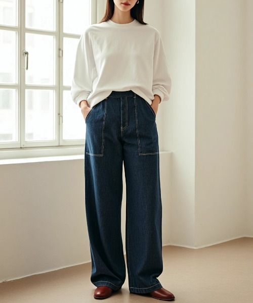 Lazar（ラザル）の「Denim Baker Pants/ワイドシルエット デニム ベイカーパンツ/イージーパンツ（デニムパンツ・メンズ・ブラック/インディゴブルー/キナリ・マルチサイズ）」の17枚目の写真