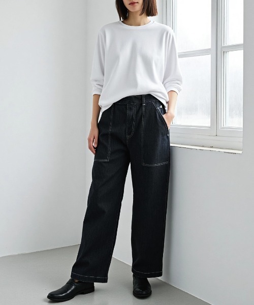 Lazar（ラザル）の「Denim Baker Pants/ワイドシルエット デニム ベイカーパンツ/イージーパンツ（デニムパンツ・メンズ・ブラック/インディゴブルー/キナリ・マルチサイズ）」の15枚目の写真
