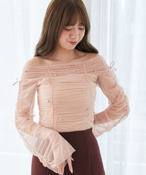 MAJESTIC LEGON(マジェスティックレゴン)の「キラキラビジューチュールトップス(Tシャツ/カットソー・レディース・ピンク/ライトグレー/ブラック・MEDIUM)」の4枚目の写真