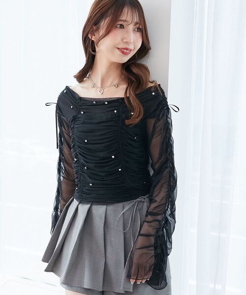 MAJESTIC LEGON(マジェスティックレゴン)の「キラキラビジューチュールトップス(Tシャツ/カットソー・レディース・ピンク/ライトグレー/ブラック・MEDIUM)」の18枚目の写真