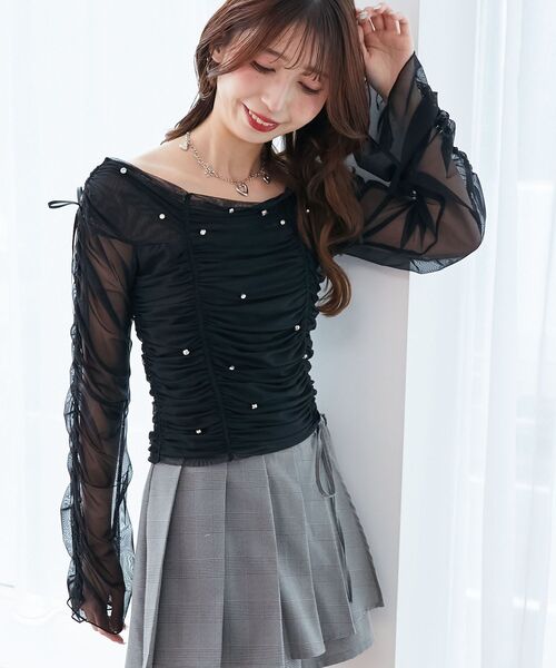 MAJESTIC LEGON(マジェスティックレゴン)の「キラキラビジューチュールトップス(Tシャツ/カットソー・レディース・ピンク/ライトグレー/ブラック・MEDIUM)」の19枚目の写真